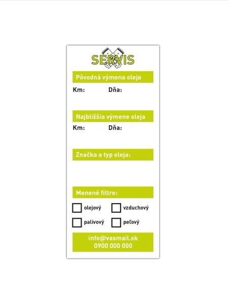 Nálepky na výmena oleja (s tvojimi údajmi)